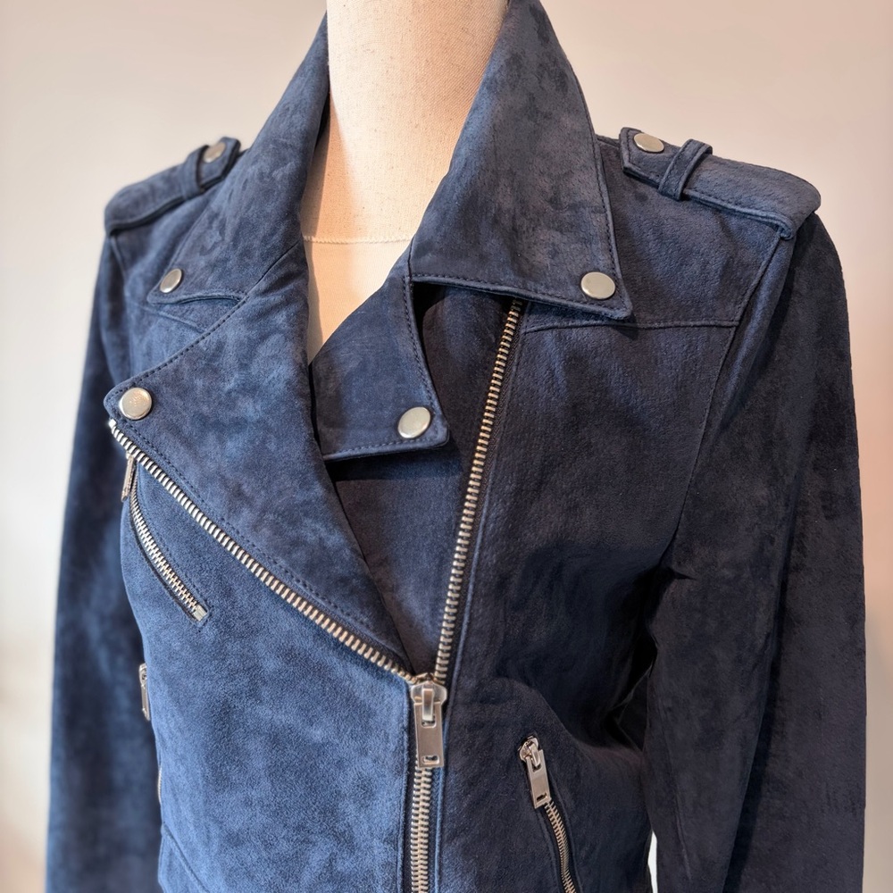 MNG Mango Navy Suede Moto Jacket - Picture 5 of 7